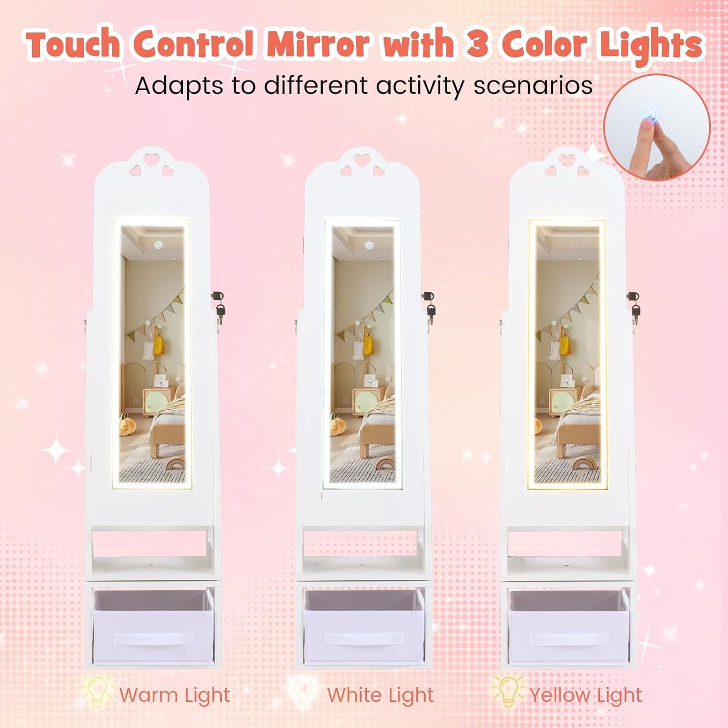 imageINFANS Kids Jewelry Armoire Cabinet 360 Swivel Lockable Standing Makeup Organizer with Interior Lights Rotatable FullLength LED Vanity Mirror with Foldable Fabric Drawer for Girls White HeartWhite Heart