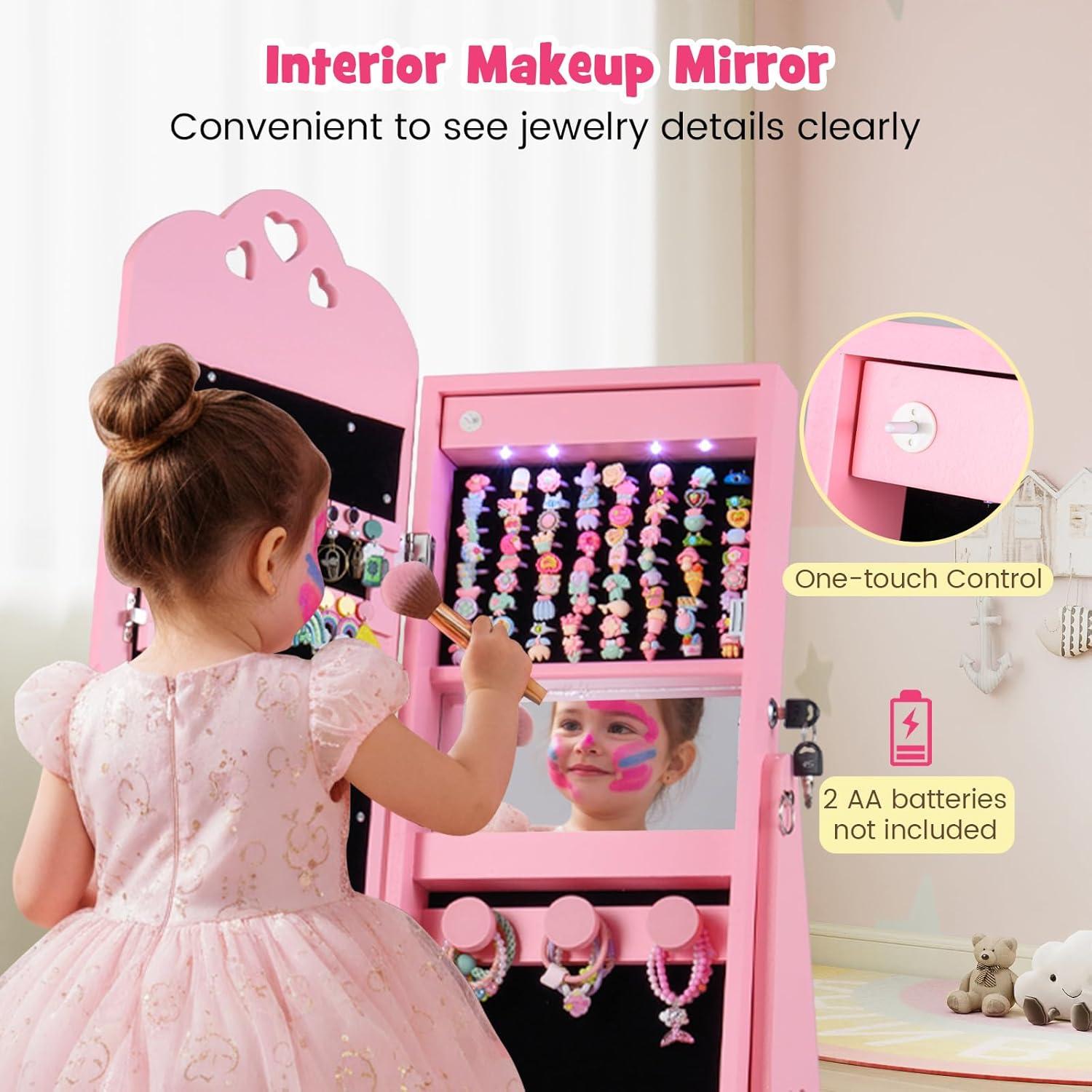 imageINFANS Kids Jewelry Armoire Cabinet 360 Swivel Lockable Standing Makeup Organizer with Interior Lights Rotatable FullLength LED Vanity Mirror with Foldable Fabric Drawer for Girls White HeartPink Heart