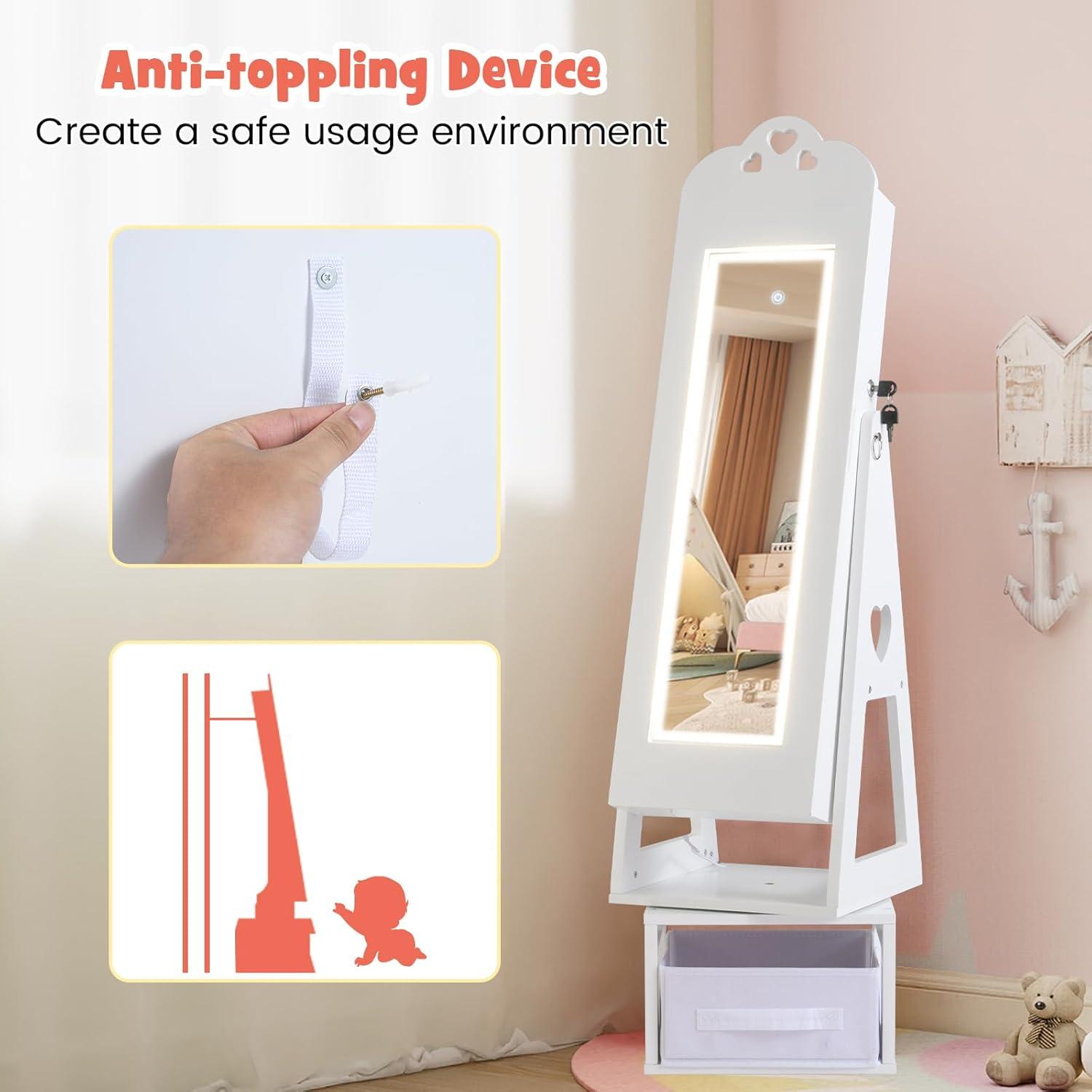 imageINFANS Kids Jewelry Armoire Cabinet 360 Swivel Lockable Standing Makeup Organizer with Interior Lights Rotatable FullLength LED Vanity Mirror with Foldable Fabric Drawer for Girls White HeartWhite Heart