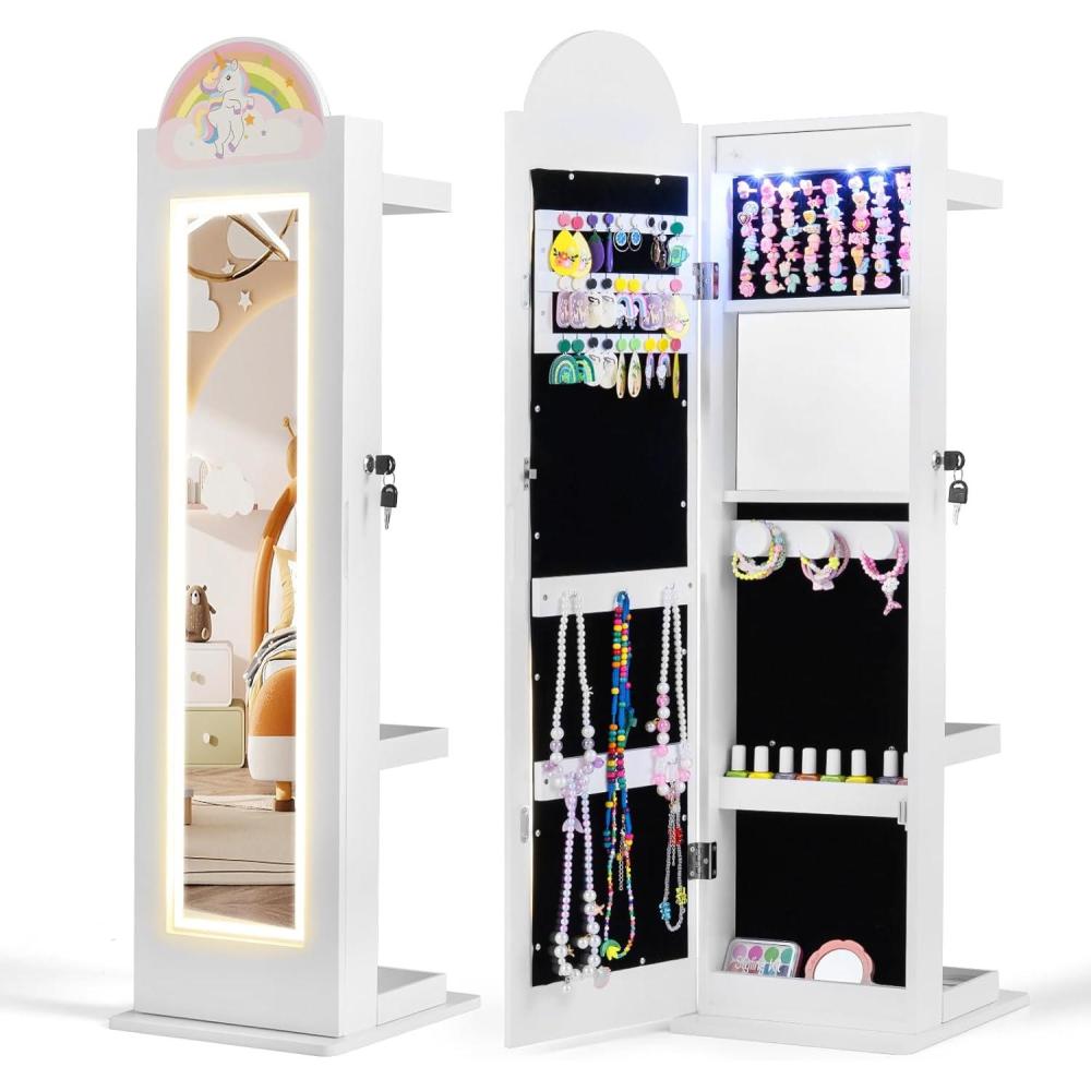 imageINFANS Kids Jewelry Armoire Cabinet 360 Swivel Lockable Standing Makeup Organizer with Interior Lights Rotatable FullLength LED Vanity Mirror with Foldable Fabric Drawer for Girls White HeartWhite Horse