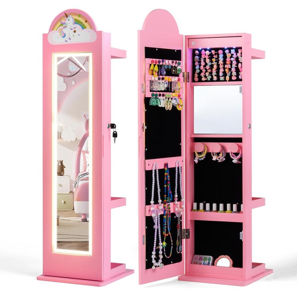 imageINFANS Kids Jewelry Armoire Cabinet 360 Swivel Lockable Standing Makeup Organizer with Interior Lights Rotatable FullLength LED Vanity Mirror with Foldable Fabric Drawer for Girls White HeartPink Horse