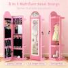 imageINFANS Kids Jewelry Armoire Cabinet 360 Swivel Lockable Standing Makeup Organizer with Interior Lights Rotatable FullLength LED Vanity Mirror with Foldable Fabric Drawer for Girls White HeartPink Horse