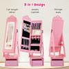 imageINFANS Kids Jewelry Armoire Cabinet 360 Swivel Lockable Standing Makeup Organizer with Interior Lights Rotatable FullLength LED Vanity Mirror with Foldable Fabric Drawer for Girls White HeartPink Heart