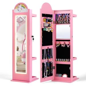 imageINFANS Kids Jewelry Armoire Cabinet 360 Swivel Lockable Standing Makeup Organizer with Interior Lights Rotatable FullLength LED Vanity Mirror with Foldable Fabric Drawer for Girls White HeartPink Horse