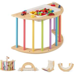 imageINFANS Wooden Arch Climber Rocker with Soft Cushion 6 in 1 Montessori Climbing Toys for Toddlers Waldorf Indoor Table Baby Children Ladder Gym Learning Playset for Kids Natural with DesktopColorfu With Box
