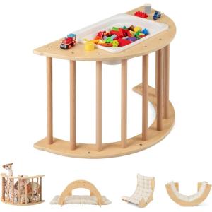 imageINFANS Wooden Arch Climber Rocker with Soft Cushion 6 in 1 Montessori Climbing Toys for Toddlers Waldorf Indoor Table Baby Children Ladder Gym Learning Playset for Kids Natural with DesktopNatural With Box