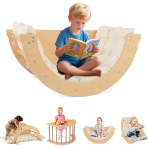 imageINFANS Wooden Arch Climber Rocker with Soft Cushion 6 in 1 Montessori Climbing Toys for Toddlers Waldorf Indoor Table Baby Children Ladder Gym Learning Playset for Kids Natural with DesktopNatural With Desktop