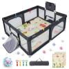 imageINFANS 74quot x 62quot Baby Playpen with Soft Mat Basketball Hoop 2 Soccer Goals 4 Handles ampamp 50 Ocean Balls Breathable Mesh Indoor ampamp Outdoor Large Play Yard for Toddlers Grey BlackDark Gray