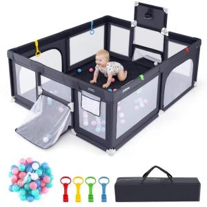 imageINFANS 74quot x 62quot Baby Playpen with Soft Mat Basketball Hoop 2 Soccer Goals 4 Handles ampamp 50 Ocean Balls Breathable Mesh Indoor ampamp Outdoor Large Play Yard for Toddlers Grey BlackGrey Black