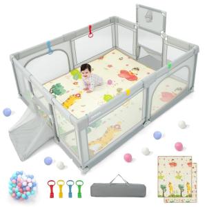 imageINFANS 74quot x 62quot Baby Playpen with Soft Mat Basketball Hoop 2 Soccer Goals 4 Handles ampamp 50 Ocean Balls Breathable Mesh Indoor ampamp Outdoor Large Play Yard for Toddlers Grey BlackLight Gray
