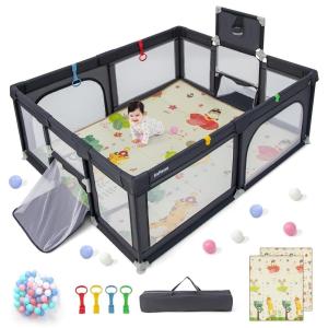 imageINFANS 74quot x 62quot Baby Playpen with Soft Mat Basketball Hoop 2 Soccer Goals 4 Handles ampamp 50 Ocean Balls Breathable Mesh Indoor ampamp Outdoor Large Play Yard for Toddlers Grey BlackDark Gray