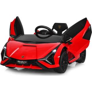 imageINFANS 12V Licensed Lamborghini Sian Kids Ride On Car with Parent Remote Control Spring Suspension MP3 Player Electric Toy Roadster Carbon Fiber Textured for Toddler Pink BlackRed