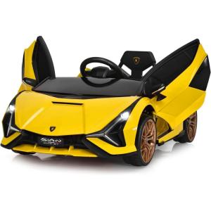imageINFANS 12V Licensed Lamborghini Sian Kids Ride On Car with Parent Remote Control Spring Suspension MP3 Player Electric Toy Roadster Carbon Fiber Textured for Toddler Pink BlackYellow