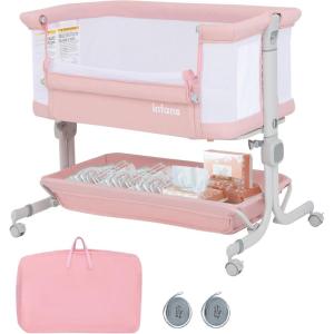 imageINFANS 3 in 1 Baby Bassinet Bedside Sleeper with Comfy Mattress Wheels 6 Height Adjustable Storage Basket Travel Bag Portable All Mesh Crib for Newborn Infant Dark GreyPink