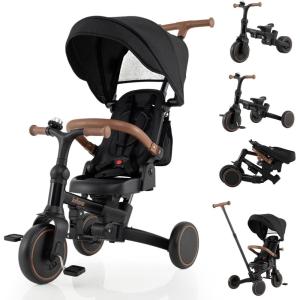 imageINFANS 9in1 Foldable Toddlers Tricycle Converts Stroller to Balance Bike with Adjustable Push Handle Canopy ampamp Backrest Pedal Conversion Retractable Rear Wheels for 16 Years GreenBlack