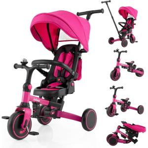 imageINFANS 9in1 Foldable Toddlers Tricycle Converts Stroller to Balance Bike with Adjustable Push Handle Canopy ampamp Backrest Pedal Conversion Retractable Rear Wheels for 16 Years GreenPink