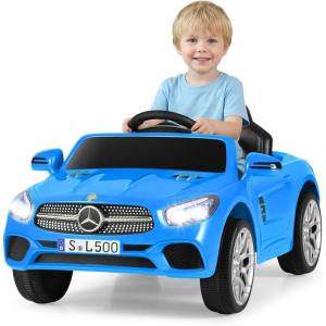 imageLicensed Mercedes Benz SL500 12V Ride on Car by INFANS with Remote Control LED Lights Bluetooth Music Horn for Girls Boys Aged 3 WhiteBlue