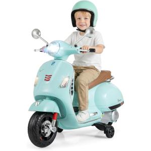 imageLicensed Vespa 12V Kids Motorcycle by INFANS with Training Wheels Music Story Horn Lights for 36 Years WhiteGreen