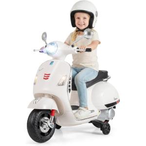 imageLicensed Vespa 12V Kids Motorcycle by INFANS with Training Wheels Music Story Horn Lights for 36 Years WhiteWhite