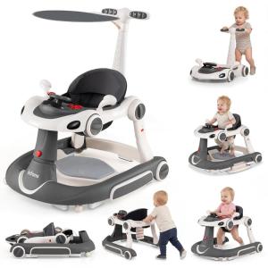 image:imageINFANS 6in1 Foldable Baby Walker Converts Push Car to Bouncer Rocker with Music Lights Adjustable Height ampamp Speed Activity Center Canopy for 718 Months GrayGray