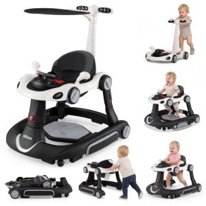 image:imageINFANS 6in1 Foldable Baby Walker Converts Push Car to Bouncer Rocker with Music Lights Adjustable Height ampamp Speed Activity Center Canopy for 718 Months GrayBlack