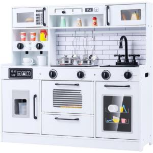 image:imageINFANS Kids Kitchen Playset Wooden Pretend Play Kitchen with Realistic Light Sound Toddler Cooking Toy for Boys Girls Aged 3 BeigeWhite