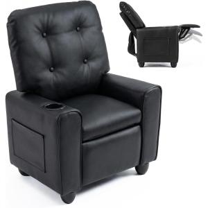 image:imageINFANS Kids Recliner Toddler Lounge Chair with Adjustable Backrest Footrest Cup Holder Side Pockets Velvet Leather Toddler CouchBlack