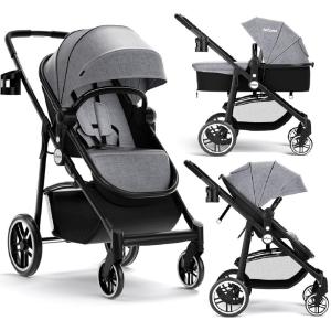 image:imageINFANS 2 in 1 Baby Stroller High Landscape Infant Stroller amp Reversible Bassinet Pram Foldable Pushchair with Adjustable Canopy Cup Holder Storage Basket Suspension Wheels KhakiGrey