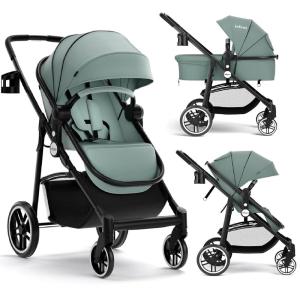 image:imageINFANS 2 in 1 Baby Stroller High Landscape Infant Stroller amp Reversible Bassinet Pram Foldable Pushchair with Adjustable Canopy Cup Holder Storage Basket Suspension Wheels KhakiGreen