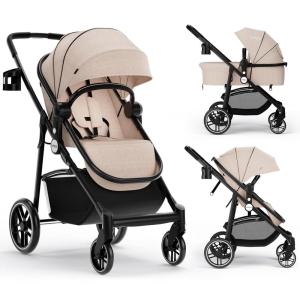 image:imageINFANS 2 in 1 Baby Stroller High Landscape Infant Stroller amp Reversible Bassinet Pram Foldable Pushchair with Adjustable Canopy Cup Holder Storage Basket Suspension Wheels KhakiKhaki