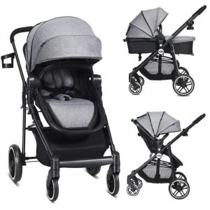 image:imageINFANS 2 in 1 Baby Stroller High Landscape Infant Stroller amp Reversible Bassinet Pram Foldable Pushchair with Adjustable Canopy Cup Holder Storage Basket Suspension Wheels KhakiVolcanic Ash