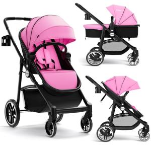 image:imageINFANS 2 in 1 Baby Stroller High Landscape Infant Stroller amp Reversible Bassinet Pram Foldable Pushchair with Adjustable Canopy Cup Holder Storage Basket Suspension Wheels KhakiPink