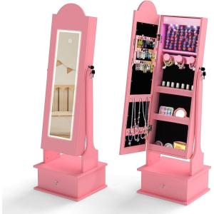 image:imageINFANS Kids Jewelry Armoire Cabinet with LED Lights Lockable Standing Organizer with Fulllength Mirror Unicorn Theme Children Vanity Dress Up Storage Rack for GirlsPink Cloud