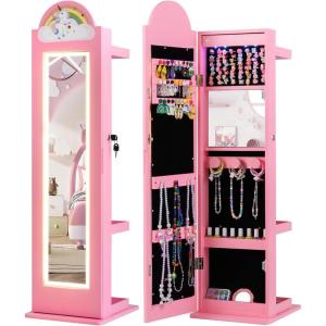 image:imageINFANS Kids Jewelry Armoire Cabinet with LED Lights Lockable Standing Organizer with Fulllength Mirror Unicorn Theme Children Vanity Dress Up Storage Rack for GirlsUnicorn