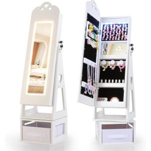 image:imageINFANS Kids Jewelry Armoire Cabinet with LED Lights Lockable Standing Organizer with Fulllength Mirror Unicorn Theme Children Vanity Dress Up Storage Rack for GirlsWhiteHeart