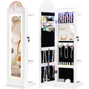 image:imageINFANS Kids Jewelry Armoire Cabinet with LED Lights Lockable Standing Organizer with Fulllength Mirror Unicorn Theme Children Vanity Dress Up Storage Rack for GirlsWhite Unicorn