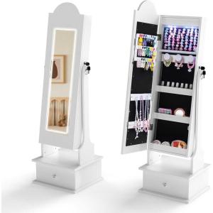 image:imageINFANS Kids Jewelry Armoire Cabinet with LED Lights Lockable Standing Organizer with Fulllength Mirror Unicorn Theme Children Vanity Dress Up Storage Rack for GirlsWhite Cloud