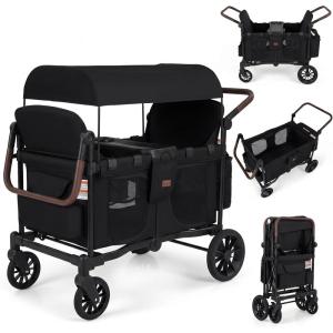image:imageINFANS 4 Seater Wagon Stroller AllTerrain Foldable Wagon for 4 Kids with Adjustable Push Pull Handles 5Point Harness Detachable Seats Snack Tray Insulated Organizer Removable Canopy GreyBlack