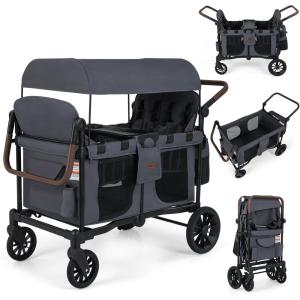 image:imageINFANS 4 Seater Wagon Stroller AllTerrain Foldable Wagon for 4 Kids with Adjustable Push Pull Handles 5Point Harness Detachable Seats Snack Tray Insulated Organizer Removable Canopy GreyGray
