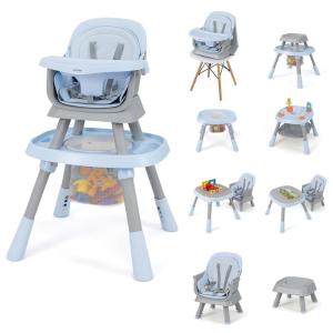 image:imageINFANS 9 in 1 High Chair Convertible Baby Highchair for Babies and Toddlers Table and Chair Set Building Block Infant Dining Booster Seat Kids Stool with Activity Children Play Kitchen BrownBlue