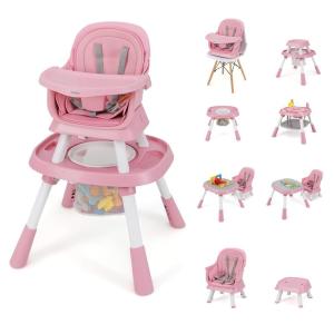 image:imageINFANS 9 in 1 High Chair Convertible Baby Highchair for Babies and Toddlers Table and Chair Set Building Block Infant Dining Booster Seat Kids Stool with Activity Children Play Kitchen BrownPink