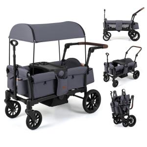 image:imageINFANS Wagon Stroller for 2 Kids Foldable Wagon Cart with Adjustable Handle Pull Bar Removable Canopy Footwell Snack Tray Harnesses for Infants Toddlers 636 Months BlackGrey