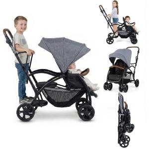 image:imageINFANS Sit and Stand Double Stroller Foldable Tandem with Standing Platform Reclining Backrest Adjustable Handlebar and Footrest Storage Basket 5Point Harnesses Baby Pushchair for ToddlersGrey