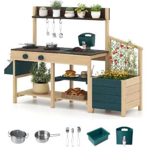 image:imageINFANS Mud Kitchen Outdoor Play Kitchen with Faucet Chalkboard Stoves Removable Sink Cooking Accessories Wooden Kids Kitchen Playset Backyard Garden Toys Gift for Boys Girls Ages 3Dark Green with Planter Box