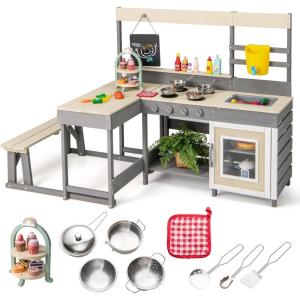 image:imageINFANS Mud Kitchen Outdoor Play Kitchen with Faucet Chalkboard Stoves Removable Sink Cooking Accessories Wooden Kids Kitchen Playset Backyard Garden Toys Gift for Boys Girls Ages 3Natural with Bench