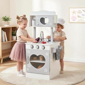 image:imageINFANS Kids Kitchen Playset Toddler Wooden Pretend Cooking Set with Telephone Stove Microwave Storage Cabinet Play Kitchen Toy Set with Toy Food Cookware Accessories for Children Boys Girls2 IN 1 Grey