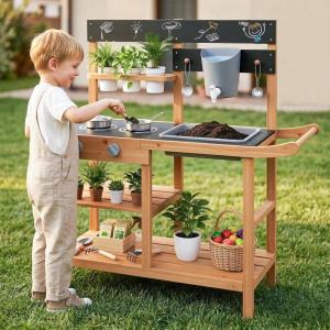 image:imageINFANS Mud Kitchen Outdoor Wooden Play Kitchen with 12 Cups Removable Sink Cooking Accessories Kids Kitchen Playset Backyard Garden Toys Gift for Boys Girls Ages 3with Wheel