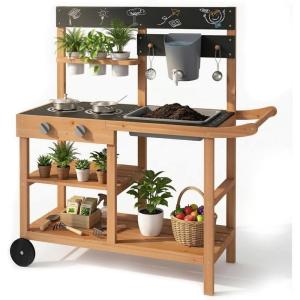 image:imageINFANS Mud Kitchen Outdoor Wooden Play Kitchen with 12 Cups Removable Sink Cooking Accessories Kids Kitchen Playset Backyard Garden Toys Gift for Boys Girls Ages 3with Wheels