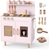 image:imageINFANS Play Kitchen for Kids Wooden Pretend Playset with Rattan Door Realistic Sounds Towel Rack Toddler Cooking Toy Gift for Boys Girls Aged 3Pink