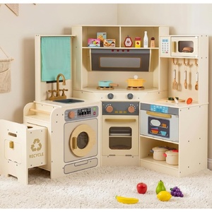 image:imageINFANS Corner Kids Kitchen Wooden Pretend Playset with Telescopic Cart Realistic Lights Sounds Ice Maker Fabric Drawers Microwave Oven Toddler Cooking Toy Gift for Boys Girls Aged 3 WhiteTrash Can Beige